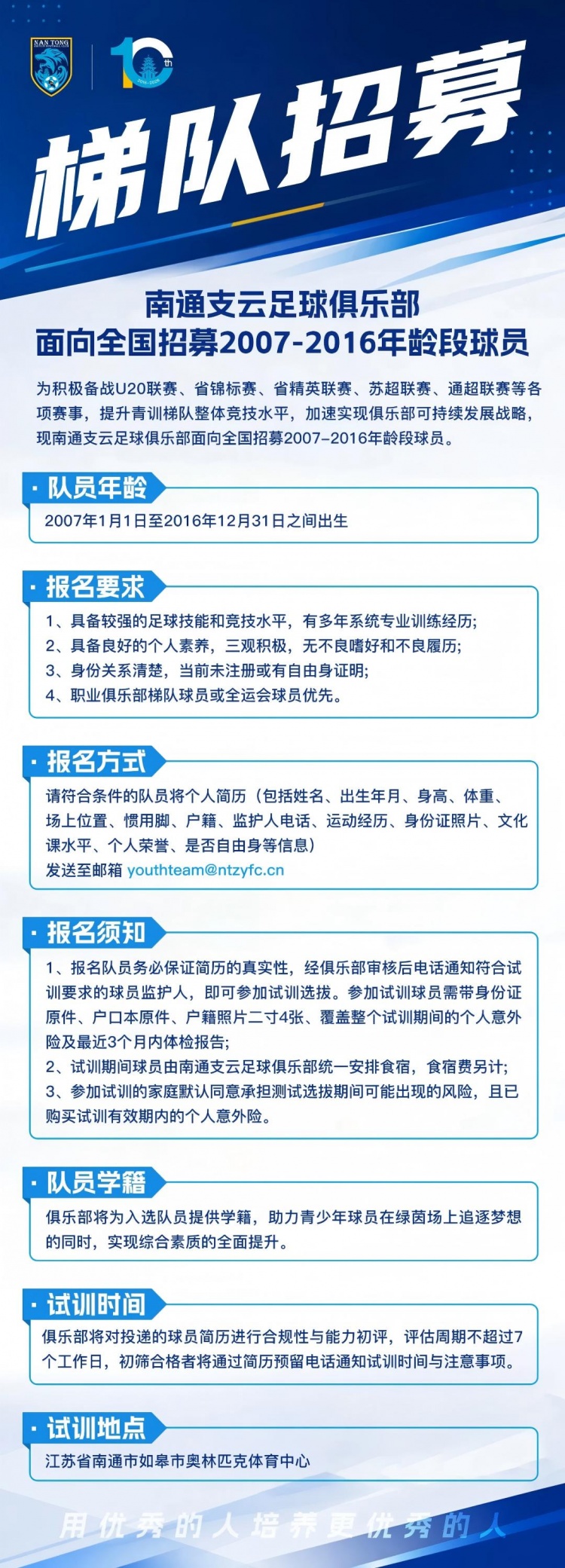 南通支云开启2007-2016年龄段梯队补强 面向全国招募青训球员