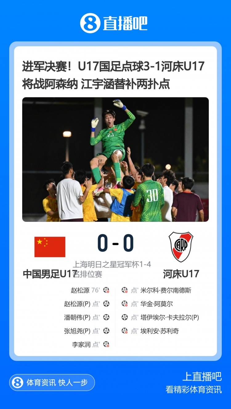 U17国足点球淘汰河床晋级决赛,替补门将江宇涵两次扑点 U17国足点球淘汰河床晋级决赛,替补门将江宇涵两次扑点