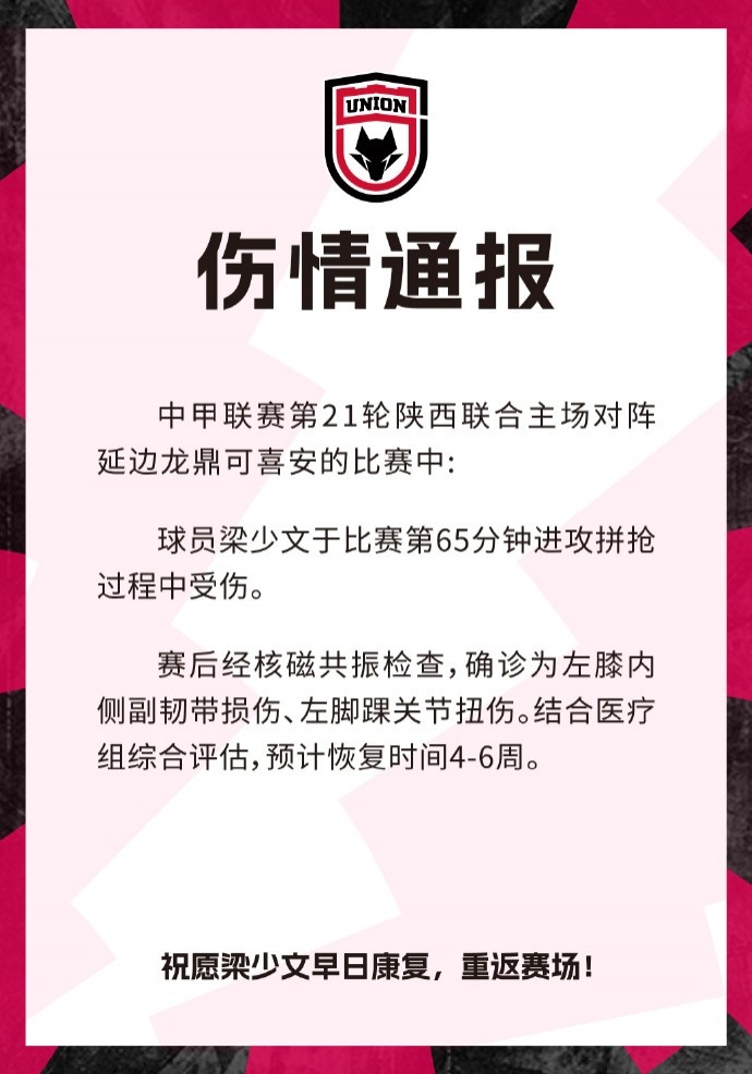 陕西联合官方：梁少文左膝内侧副韧带损伤，预计恢复时间4-6周