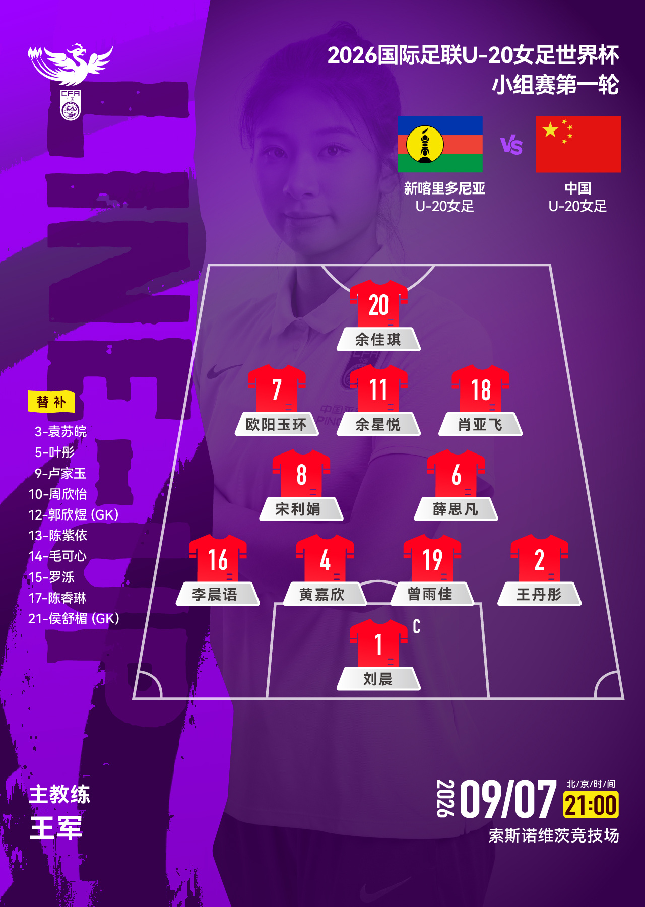 中国U-20女足vs新喀里多尼亚U-20女足，中国队首发阵容公布！